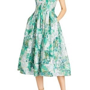 Monique Lhuillier Green Pleated Midi Dress for Wedding Guest